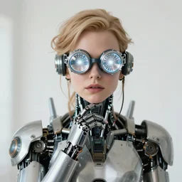 centered portrait of soulful young nicole kidman as a solarpunk mecha humanoid robotic parts wearing crystal goggles with bright led lights, real human face, pudica gesture bouguereau style, in white room, ultra - realistic and intricate, soft portrait shot 8 k
