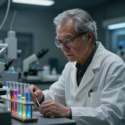 Year 2150. Old while male Gray-haired scientist working in the laboratory wering glasses highly detailed human face. Samples of the glowing colourful anti matter in the test tubes displayed on his working station. Westworld movie style, ultrarealistic -4