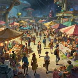 colorful, haphazard, bustling marketplace in an alien spaceport, alien merchants at market stalls, anime, a sci-fi digital painting by Greg Rutkowski and James Gurney, trending on Artstation, highly detailed