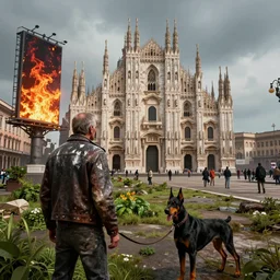 duomo di milano post apocalyptic, vegetation, flaming billboards, old man with lather jacket from behind, a doberman on the leash, ultra realistic, insane details, cinematic, epic composition, unreal engine, octane render