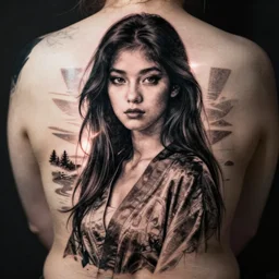 tattoo design, stencil, beautiful young female, long dark hair, symmetrical facial features, Japanese, partially clothed in robe, by artgerm, digital art, back light