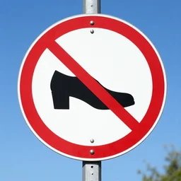 a road sign with a crossed out shoe on it