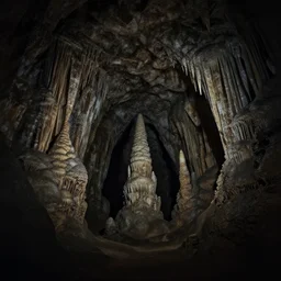 A  temple, lost in a cave, fibonacci, arches, narrow, stalactites and stalagmites. Underexposed, dark. Atmospheric matte painting by Darek Zabrocki and Christophe Vacher