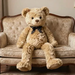 an extremely strange looking teddy bear / mr. bean with very! very long!!!! legs on a formal couch, 4 k photo
