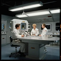 Cinestill 800t, 8K, 35mm,J.J Abrams flare; beautiful ultra realistic minimalistic syd mead in space(1950) film still medbay scene in 2000s frontiers in blade runner retrofuturism fashion magazine September hyperrealism moebius edition, highly detailed, extreme closeup three-quarter android portrait, tilt shift LaGrange point orbit background, three point perspective, focus on two androids, ciracic text;sunflares;back to camera, soft lighting
