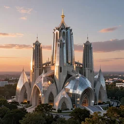 extremely detailed cathedral designed by Zaha Hadid surrounded by a forest, stunning volumetric light, sunset, metal, concrete and translucent material, stunning skies, trending on Artstation, 8k, photorealistic, hyper detailed, unreal engine 5, IMAX quality, cinematic, epic lighting, in the style of Greg Rutkowski