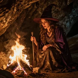 highly detailed beautiful old witch in a cave looking into a fire, golden
