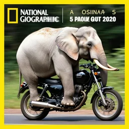 picture of elephant riding a motorcycle, white and black, national geographic, award winning