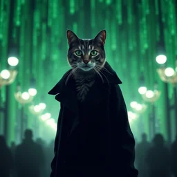 a photo of a cat in a black trench coat in the matrix, cinematic, green, black, white