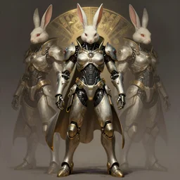 Symmetry!! Full body portrait of a cyborg bunny assasin, warrior in sci-fi armour, tech wear, muscular!! sci-fi, intricate, elegant, highly detailed, digital painting, artstation, concept art, smooth, sharp focus, illustration, art by artgerm and greg rutkowski and alphonse mucha, trending on art station, dynamic lighting