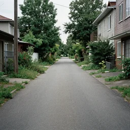 liminal poor neighborhood, empty street, overgrown, photo taken from the street