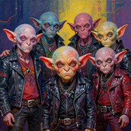 apocalyptic scifi squalor goblin characters posing together in a professional band photo, psychedelic vibrant colors, futuristic punk rock fashion, oil painting by michael whelan art, perfect faces, sharp focus, detailed eyes, realistic, leather jackets, 8 k