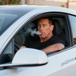John Cena smoking in a Tesla, 8k hyperrealistic