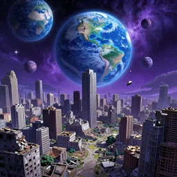 A ruined cityscape with a sky that\'s a cosmos of broken planet earths by Daniel Sampere. Hyperdetailed. 8K Resolution. Comic Illustration. HD. 16k resolution HD HDR. Blue and Purple colored.