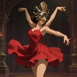 a cgi fantasy render of a beautiful ancient dancer wearing a beautiful intricately detailed steam punk crow mask and clasical red short dress, by studio ghibli, artstation, arthur adams, beautiful dynamic epic lighting, shadows, cinematic atmosphere, artstation, zbrush art, octane render, 8 k