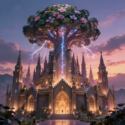 a well rendered magical wizard in front of a big and mystical of a big and structured fantasy kingdom city, god rays, giant tree, bloom, cinematic lightning, twilight, sunset, fantasy, portfolio illustration, rule of thirds, elegant, octane 4d render, concept art, golden ratio, HQ, portal to outer space digital art 8k, trending on artstation, anime, unreal engine