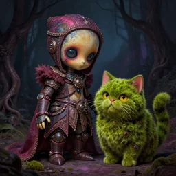rescue from the underworld, shadows of the past, The Mekanik Doll, chubby moss kitten, by jeff easley and Dylan Kowalski, highly detailed, digital painting, HDRI, by vivid colors, high contrast, 8k resolution, intricate, beautiful and thematically complex, smooth