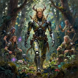a bio mechanical man druid walking through a forest. wild magic. fantasy concept art. moody epic painting by james gurney, greg rutkowski, giger, maxim verehin and alphonso mucha. artstationhq. painting with vivid color. ( dragon age, witcher 3, lotr )