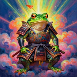 [ style ] [ oil painting ] [ palate ] [ vibrant gothic colors ] 👾 👽 anthropomorphic frog samurai, vibrant neon nebulous clouds, radiant light rays, photorealistic painting, intricate and fine details, volumetric lighting, artstation, symmetrical details,