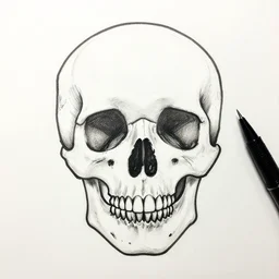 drawing of a skull, pen, black lines, clean, white background, outline