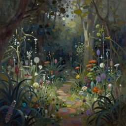 a gorgeous, fantastic, magic garden landscape by michael kidd, caspar david friedrich, trending on artstation, artgerm, acrylic on canvas, muted colors, darker,!! low contrast!!, chillwave
