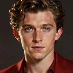 portrait of tom holland with hazel eyes, hazel eyes, red shirt, intricate, elegant, glowing lights, highly detailed, digital painting, artstation, concept art, smooth, sharp focus, illustration, art by wlop, mars ravelo and greg rutkowski
