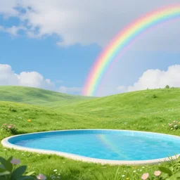 a photo of a dreamy green empty hill with swimming pool, rainbows voids blooming in the blue cloudy sky