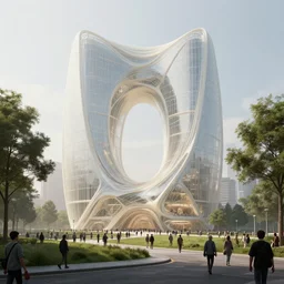 breathtaking street view of a futuristic building made of glass and ivory, detailed parametric architecture, trees and grass meadows, crowds of people, by vincent callebaut and zaha hadid, concept art, solarpunk, misty, volumetric lighting, cinematic, 8 k