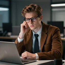 system analyst late night work, office, epic professional digital art, realistic detailed face portrait, very coherent symmetrical artwork, high contrast, depth of field, insanely detailed, 2 0 years old, handsome, white, classical pose, desk, laptop, sitting at the table, blurred background, thoughtful pose, tortoise - rimmed glasses, left hand propping up the head, brown jacket, preppy style, smart casual, shirt and tie, clean shaved