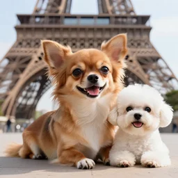 a photorealistic closeup image of a cute brown colored long haired chihuahua cocker spaniel dog with a happy pure white bichon frise dog in paris laying in front of the eiffel tower. brightly lit. extreme detail. 4 k hd unreal engine