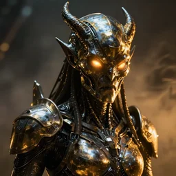 a close up sci fi horror quarter - length portrait of a shadow demon wearing futuristic sci fi armor made of metal plates, cinematic lighting, smooth, high detail, glowing eyes, dark fantasy, unreal engine, octane render, by vitaly bulgarov artstation, golden rule, death and corruption, vray, fog volumes, vivid color glow, cgsociety
