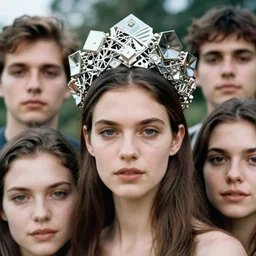 a stunning portrait of an beautiful woman wearing a fractal crown, by katsura masakazu, alessio albi, ilya kuvshinov, nina masic, soft focus, vertical portrait, natural lighting, f 2, 5 0 mm, classic chrome, film grain, cinematic lighting