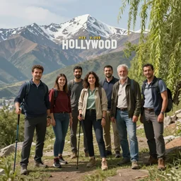 of team in Armenia hiking at a weekend and posing with mountains on the background, the word Willow is in view like one in Hollywood, elegant, highly detailed, digital painting, volumetric light, artstation,, smooth, sharp focus, professional photos