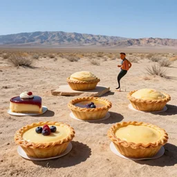 surrealist pastry desserts sculptures, pies by max ernst in a california desert landscape