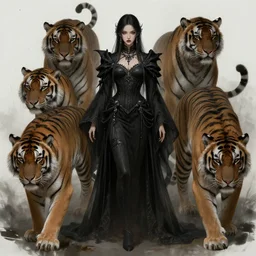 dark fantasy female dark sorceress, surrounded tigers, highly detailed, qichao wang, artgerm, cushart krenz, zeronis, trending on artstation, soft light, sharp edges, illustration, character design, concept art
