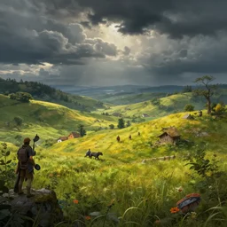 fantasy book cover painting, dramatic shot of a lively landscape in the country, wallpaper, 4k, by Ross Tran