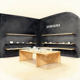a watercolor ink painting by jean giraud moebius!! ( ( organic sensual warm inviting experiential design flagship samsung store, black walls. timber floor. low ceilings with spots. curved furniture, with large digital screen. display tables with phones and tablets, pots with plants, large digital screens on the walls. ) )