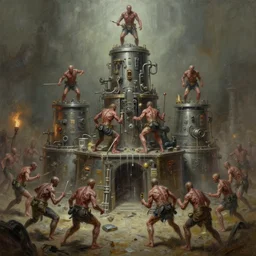 oil paint 6 medical gangrene machines in tiers, insane speed of dethroning melee, battle pit, by wayne d barlowe, jack gaughan, stefano tamburini, torch light, muted colors, epic, hyper detailed, awe inspiring, award winning horror, hyper realism, cinematic