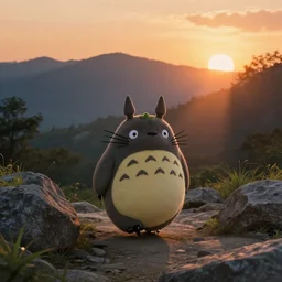 a totoro walking through rocks in a mountainous forest terrain at sunset, cute, godrays, complementary colors, calm, relaxing, beautiful landscape, highly detailed, high quality, 4k HDR, natural lighting, close view, path tracing, orange palette, anatomically correct, hyperrealistic, low contrast