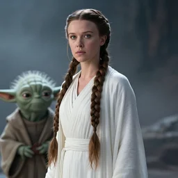 film still of!!!! millie bobby brown!!! as princess leia in star wars movie, long braided hair pulled back, closeup portrait, wearing long white robe standing beside yoda on dagobah, deep focus, glamour pose, dramatic lighting, octane, mist, volumetric lighting, 8 k