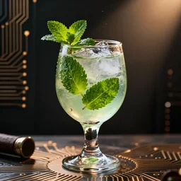 a glass of cocktail with mint leaf and circuit board paths. Digital art. High details. octane render