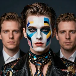 an award finning closeup facial portrait by akseli kallen gallela luis rogyo and john howe of a handsome male cyberpunk traveller clothed in excessivelyg fashionable 8 0 s haute couture fashion and wearing a striking geometric face paint
