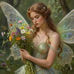 highly detailed ilustration of a beautiful victorias secret modell as a fairy princess in a garden holding a bunch of wild flowers, deep focus, d & d, fantasy, intricate, elegant, highly detailed, digital painting, artstation, concept art, matte, sharp focus, illustration, hearthstone, art by artgerm and greg rutkowski and alphonse mucha