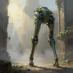 a walking ancient city mounted on mechanical legs, vines, hyperrealistic, highly detailed, cinematic, single ray of sun, fog, beautiful, cgssociety, artstation, 8 k, oil painting