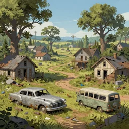 fallout 5, rural wastelands, small settlements, abandoned retro futuristic vintage car and truck, buses, overgrown ruined houses, trees run rampant, illustration, perfectly shaded, oft painting, art by krenz cushart and wenjun lin