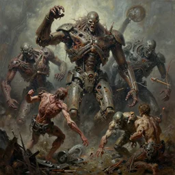 oil paint of flayed god machines, cluster battle chaos, intricately macerated by age, sentient, dethroned goliath machines, rotten, stefano tamburini, simon bisley & boris vallejo, enric torres, hyper realism, narrative light, muted colors, epic, hyper detailed, awe inspiring, award winning horror, narrative lighting, hyper realism, cinematical