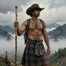 an ethereal dramatic painting of a handsome rugged shirtless desi hiker | he is wearing a plaid kilt and cowboy hat, and holding a wooden pole | background is mountains and clouds | homoerotic, dramatic lighting, realistic, highly detailed | by clyde aspevig, by paul cadmus, by bill ward | trending on artstation