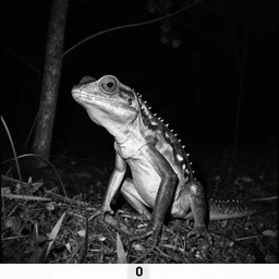 creepy lizard person in the woods at night, trail camera black and white
