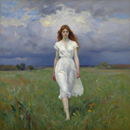 young slender woman with long auburn hair wearing a white dress walking through a meadow at dusk, dramatic clouds in sky, wide angle, painting by Joaquín Sorolla, oil on canvas, detailed brushwork, painterly