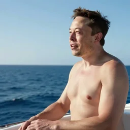 elon musk without shirt looking to the ocean in a boat